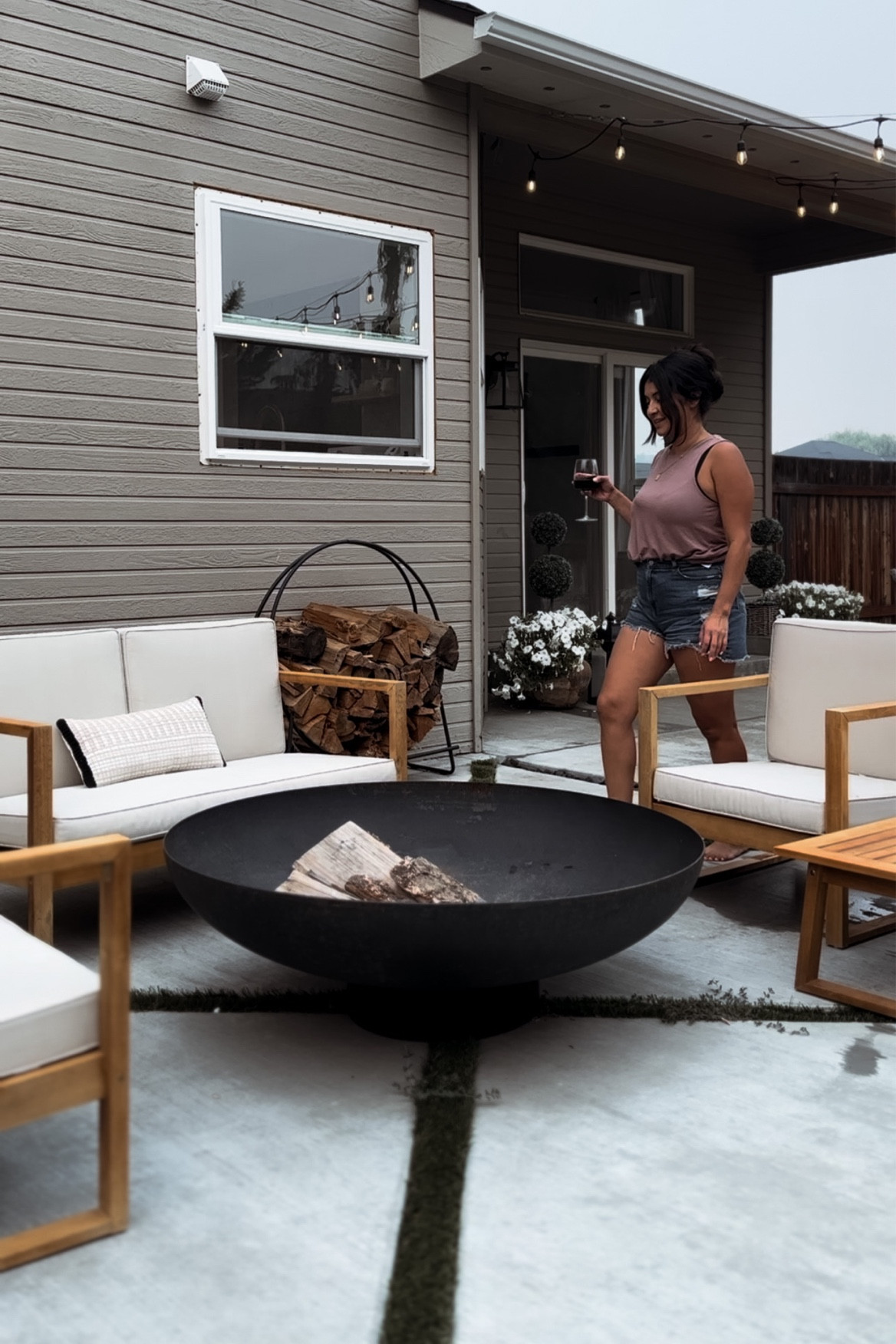 Patio vibes - patio furniture- white and wood furniture - outdoor furniture- patio - firepit - oversized firepit -round firepit 