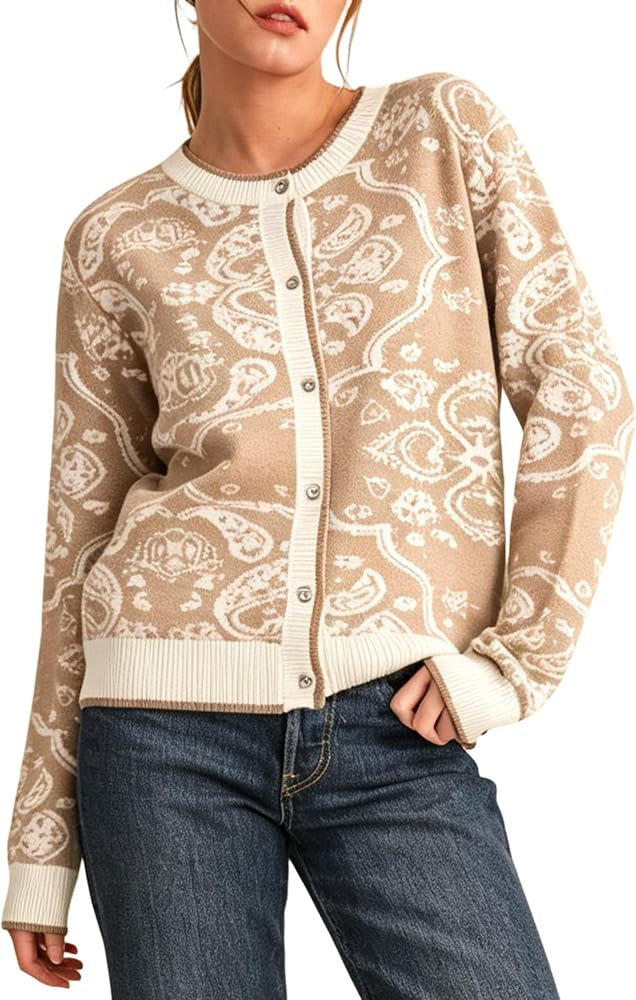 Womens Bandana Paisley Knit Cardigan Contrast Trim Sweater | Amazon (US)