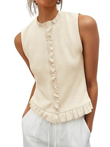 Saodimallsu Womens Sleeveless Sweater Vest Ruffle Button Down Knit Tank Top Summer Trendy Going Out Vest Tops Beige | Amazon (US)