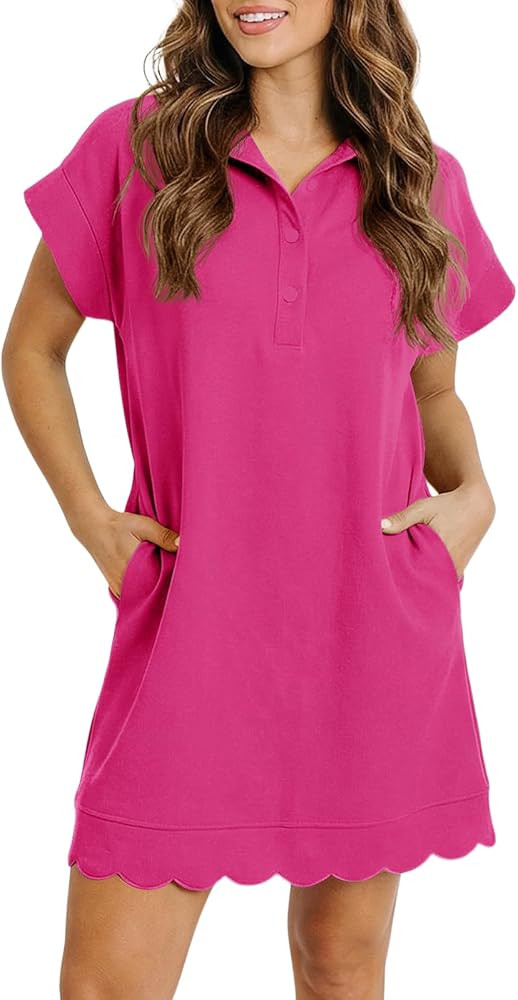 Fisoew Womens Summer T Shirt Mini Dress Short Sleeve Collared V Neck Button Loose Active Dresses ... | Amazon (US)