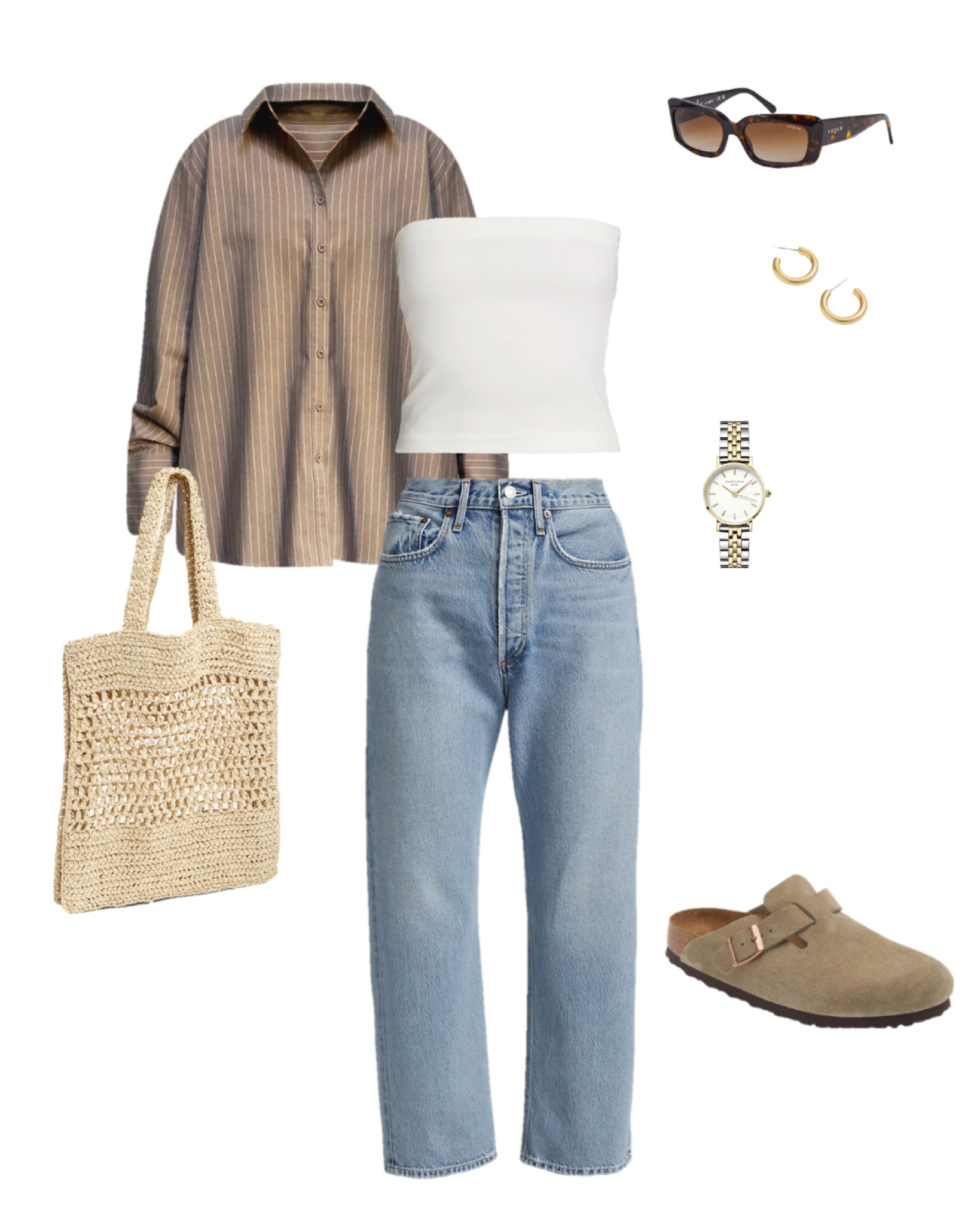 vacation outfit xx

AGOLDE 90s cropped mid rise jeans; oversized stripe shirt, Hailey Bieber Vogue sunglasses, Birkenstock clogs, Madewell gold hoop earrings, straw bag 

#LTKtravel #LTKfit #LTKFind