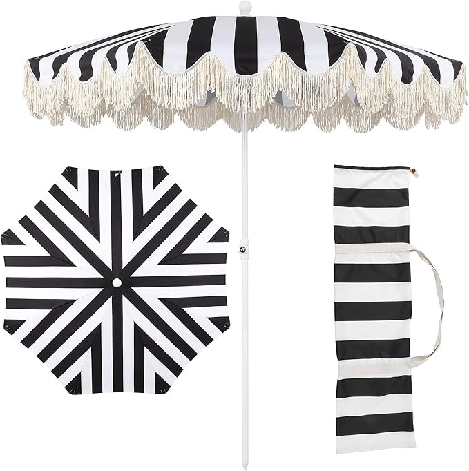 JONATHAN Y UMB1003Q Mariner 6.5 ft. Cottage Fringe Tassel Market Beach Umbrella with Push Button ... | Amazon (US)
