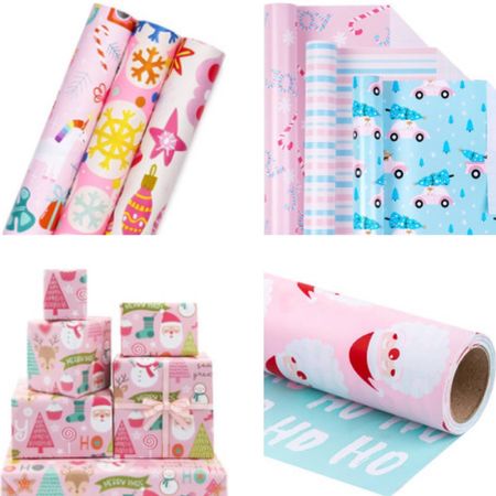 Wrapping paper
1. Color Pink
Occasion Christmas
Included Components Card
Theme Holiday,Rainbow
Number of Items 3
Unit Count 3.0 Count
Pattern Floral
Size 1 Count (Pack of 3)
Total Eaches 3

2. Car and Tree/JOY Lettering/Pink & Blue Stripes Print for Gift Wrap, Arts Crafts - 17 x 120 inches - 3 Rolls (42.5 sq.ft.ttl.)

3. Vintage Baby Pink Merry Christmas Xmas Wrapping Paper 6 Sheets With Matched Pink Color Ribbon Folded Flat 20x28 inches per sheet For Kids Girls Boys Women Unique Xmas Decorative Paper and Holiday Gift Wrap

4. Reversible Wrapping Paper Roll - Christmas Santa Claus and HO Pattern Great for Christmas, Party, Holiday - 17.5 Inches X 32.8 Feet