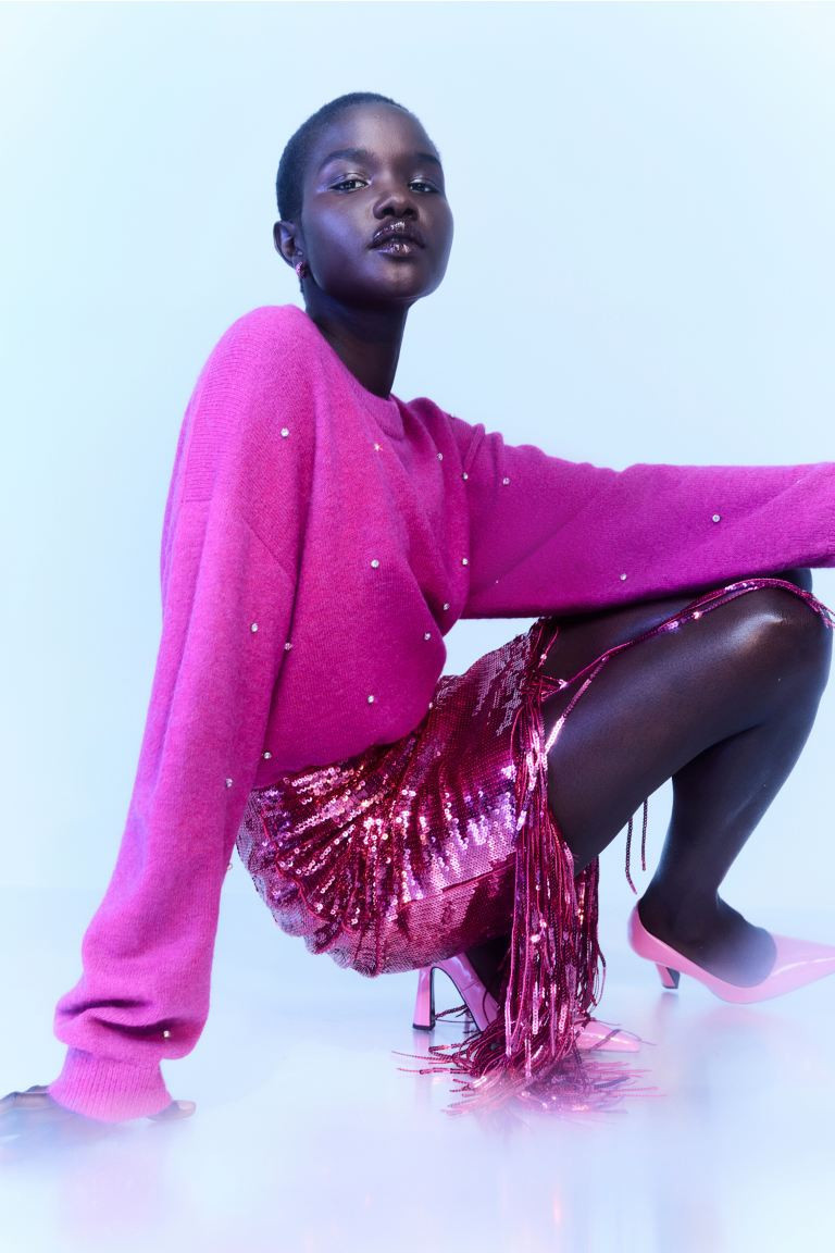 Beaded Sweater | Hot Pink Sweater | Hot Pink Top | Winter Sweater | Winter Tops | H&M (US + CA)