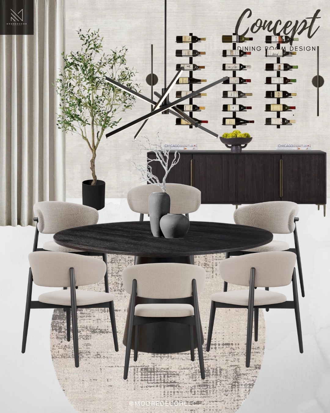 I loved putting together this modern dining room concept design, it’s giving wine night with a side of style. The round black pedestal table makes the perfect centerpiece, paired with curved dining chairs that feel both chic and comfy. I added a bold statement chandelier and wall-mounted wine racks to bring in that luxe restaurant vibe at home. The mix of rich wood tones, soft textures, and minimal decor makes this neutral modern dining space feel warm and elevated. 

#LTKHome #LTKStyleTip