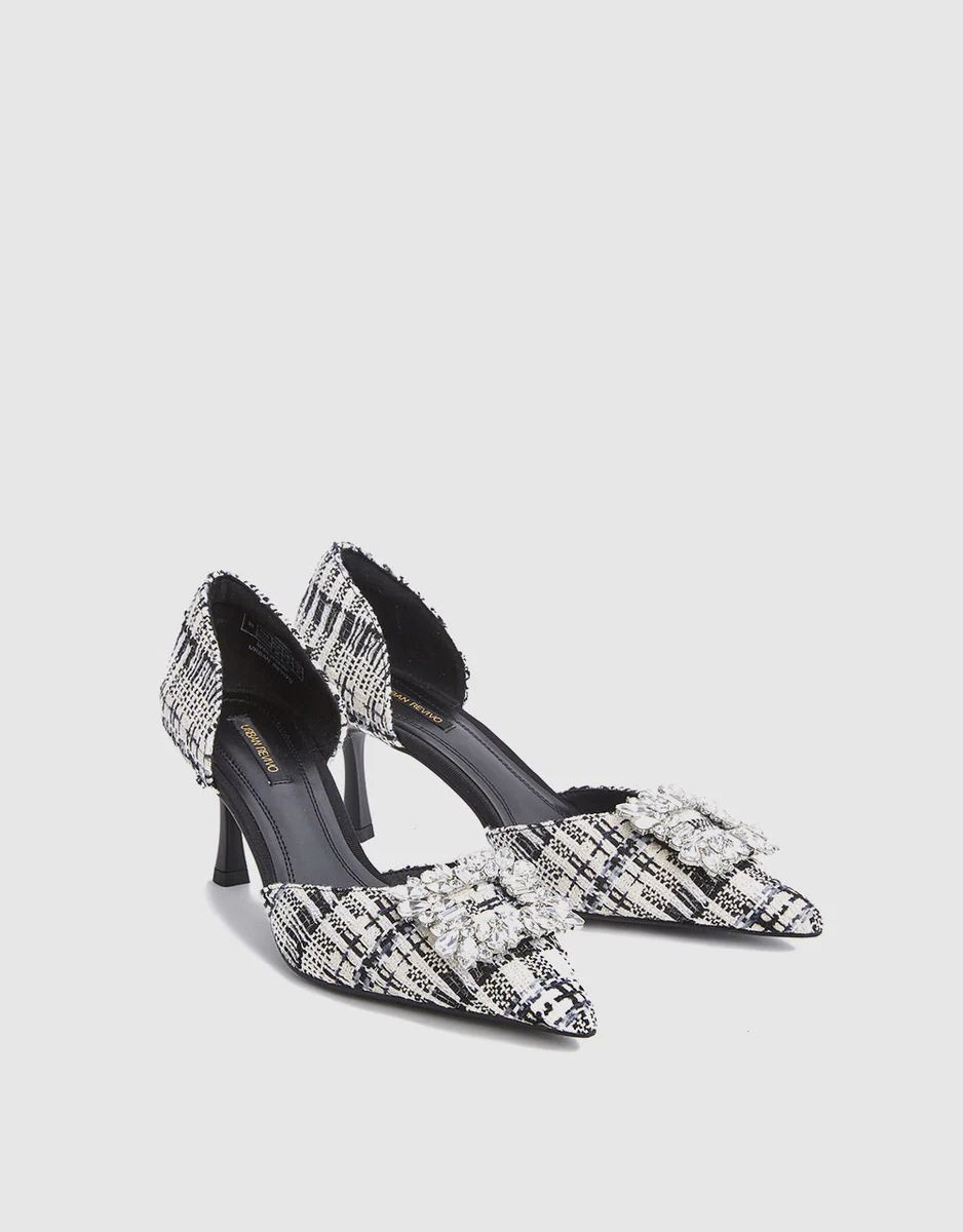 Tweed Plaid Rhinestone Detail Stiletto D'Orsay | Urban Revivo