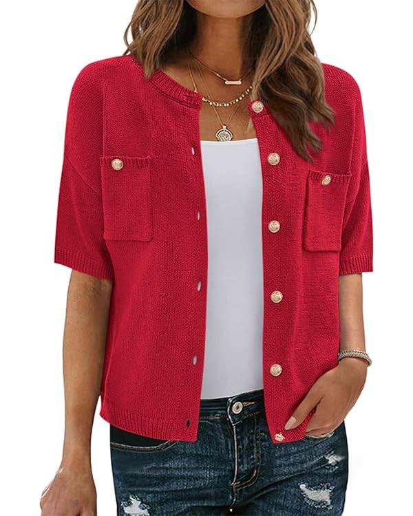 BTFBM Short Sleeve Cardigans for Women Button Up Sweaters Y2k Spring Summer 2025 Crew Neck Busine... | Amazon (US)