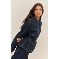 Indigo Round Neck Pocket Front Cinch Denim Jacket | PrettyLittleThing US