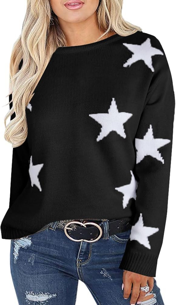 shermie Women's Star Graphic Knitted Pullover Sweaters Long Sleeve Crew Neck Casual Sweater | Amazon (US)