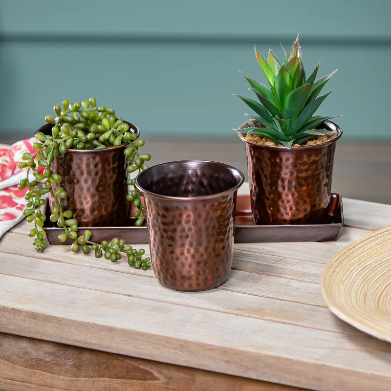 Petal and Plow Planter, Hammered Metal Planter on Oval Tray, Set of 3 with Metal Tray | Plow & Hearth