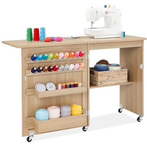 Best Choice Products Folding Sewing Table Multipurpose Craft Station & Side Desk with Compact Design, Wheels, Shelves, Storage Trays, Pegs, Magnetic Doors, Metal Doorknobs - Light Brown | Amazon (US)