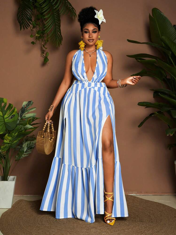 Maweii Plus Size Women's Blue Striped High Slit Backless Halter Dress | SHEIN