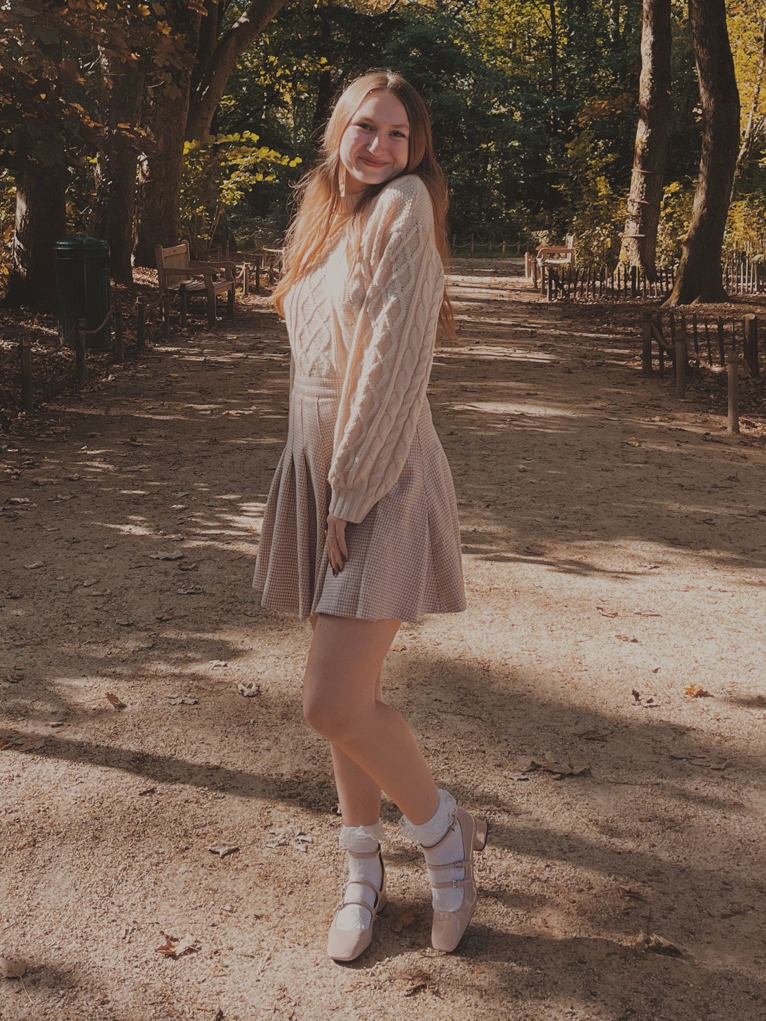 Beige cable knit sweater 
Houndstooth pleated skirt
Pink Mary Jane’s
Ruffed socks

Light academia 
Light academia outfit 
Light academia style 
Light academia aesthetic 
Neutral outfit 
Autumn outfit 
Autumn fashion 
Autumn fashion inspo

#LTKHoliday #LTKOver40 #LTKSeasonal