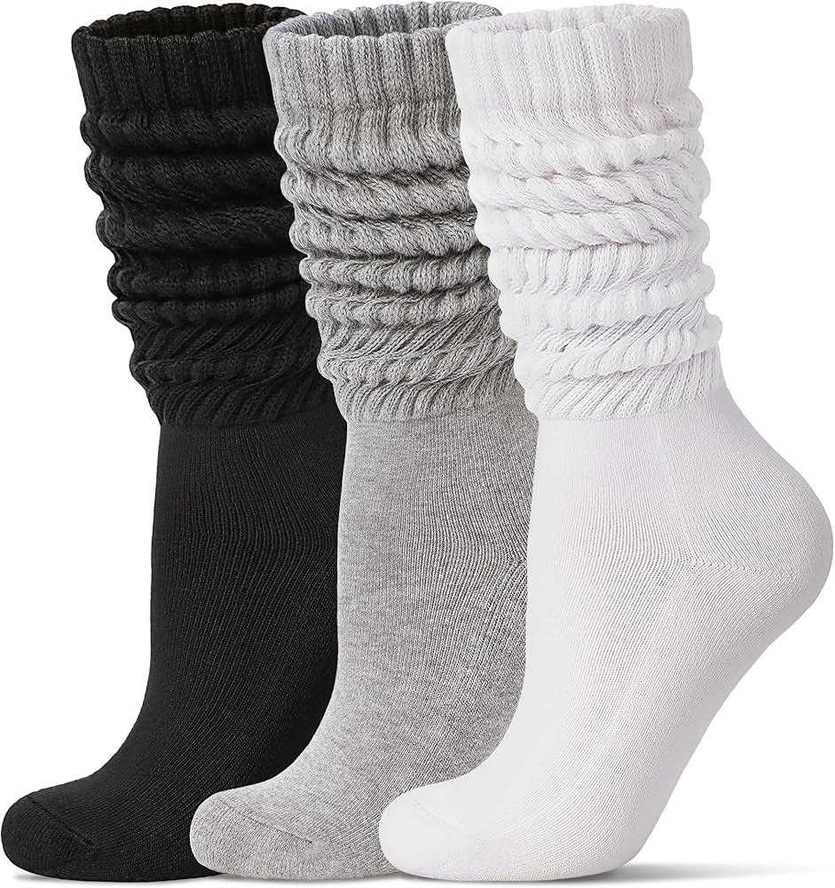 Women's Slouch Socks Long Boot Scrunch Sock Soft Cotton Knit Cozy Socks 3 Pairs | Amazon (US)