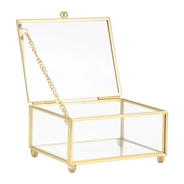 Glass Jewelry Box Rectangle Transparent Trinket Organizer With Golden Edge And Lid - Walmart.com | Walmart (US)