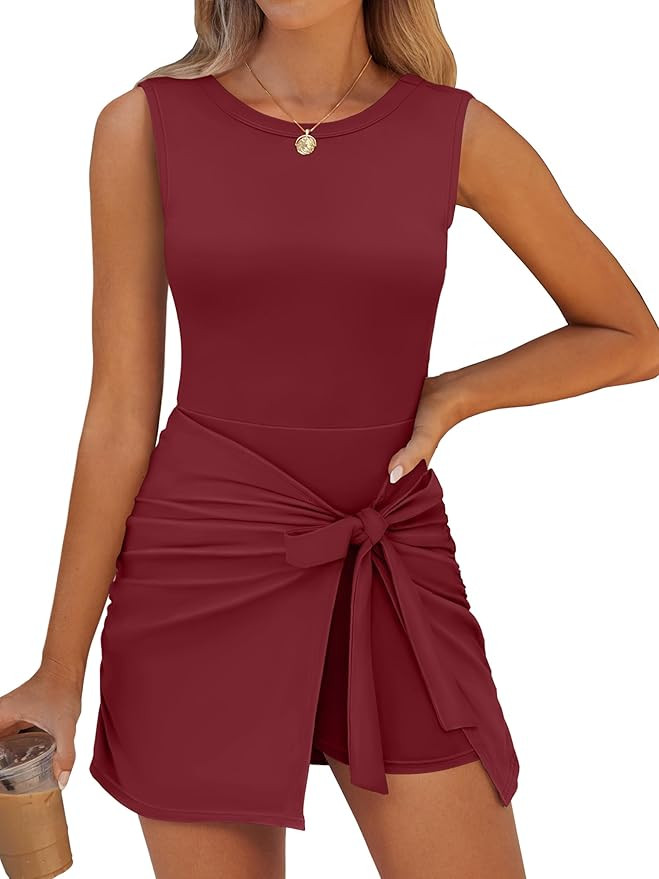 ANRABESS Women Summer Sleeveless Bodycon Tie Waist Romper Skort Mini Tennis Athletic Dress Built ... | Amazon (US)