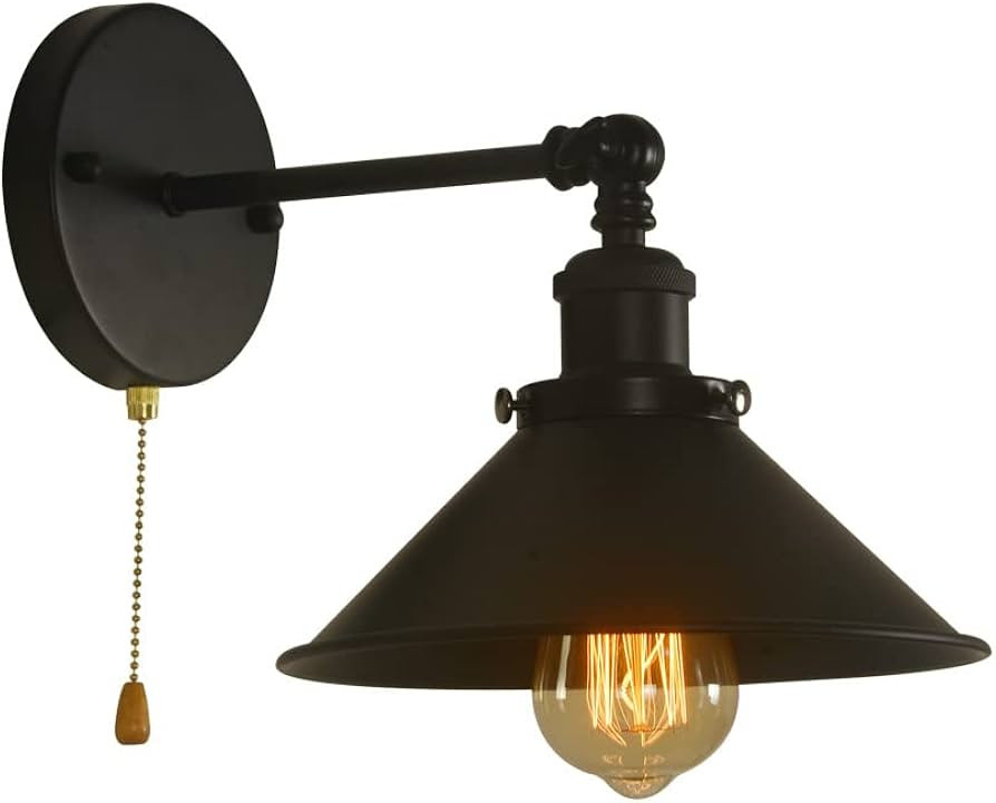 Black Metal Wall Sconce Light, 1-Light Farmhouse Lamp, Pull Chain Industrial Wall Light Fixture f... | Amazon (US)