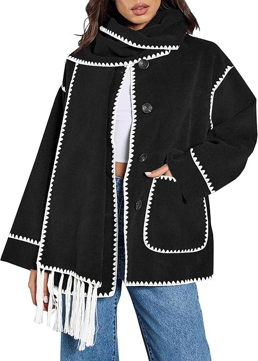 CCTOO Women Wool Blend Coat: Embroidered Scarf Jacket Button Down Casual Outerwear Fall Winter Sh... | Amazon (US)