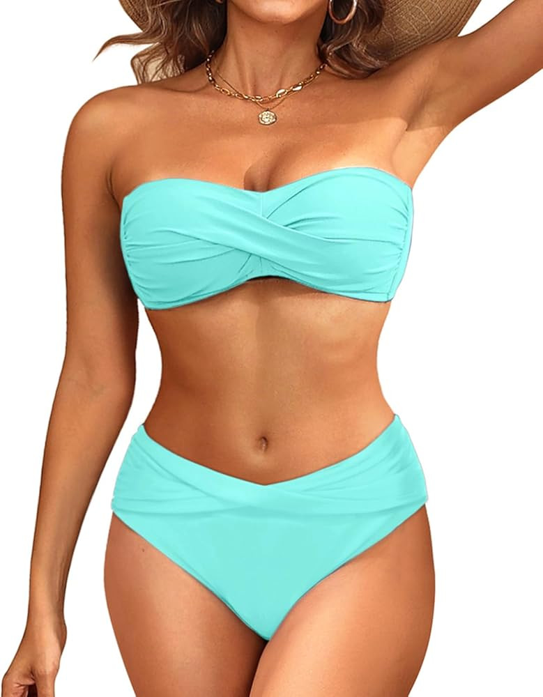 Women's Strapless Bandeau Bikini Set - Twist Front Two Piece Swimsuit with Side Tie Bathing Suit ... | Amazon (US)