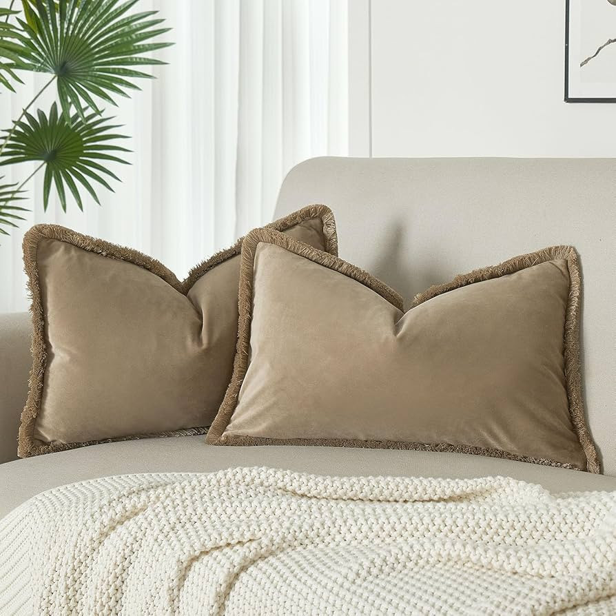 JUSPURBET Stone Decorative Lumbar Velvet Fringe Throw Pillow Covers 12x20 Set of 2 Boho Soft Cush... | Amazon (US)