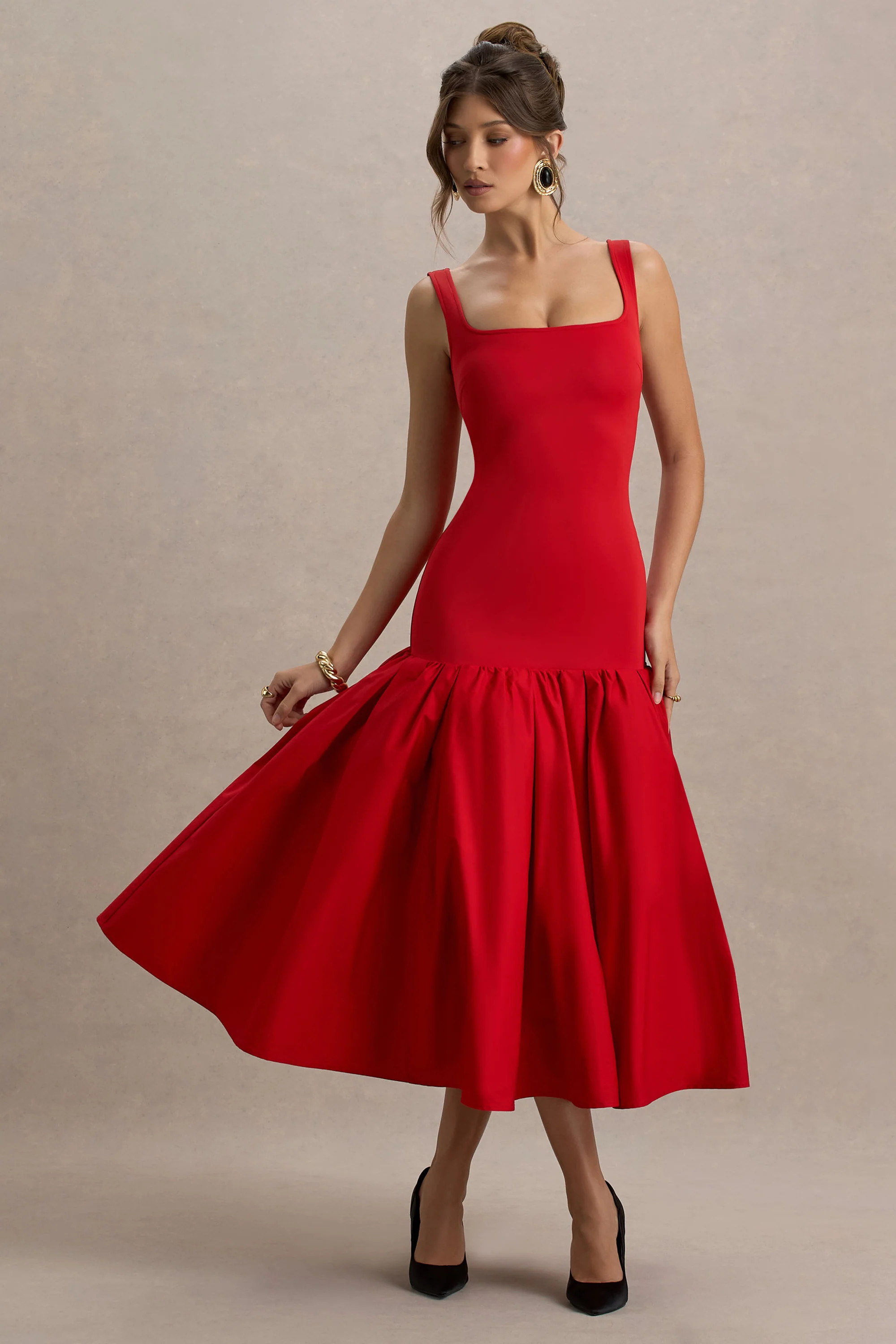 Parida | Red Poplin Drop-Waist Midi Dress With Peplum Hem | Club L London
