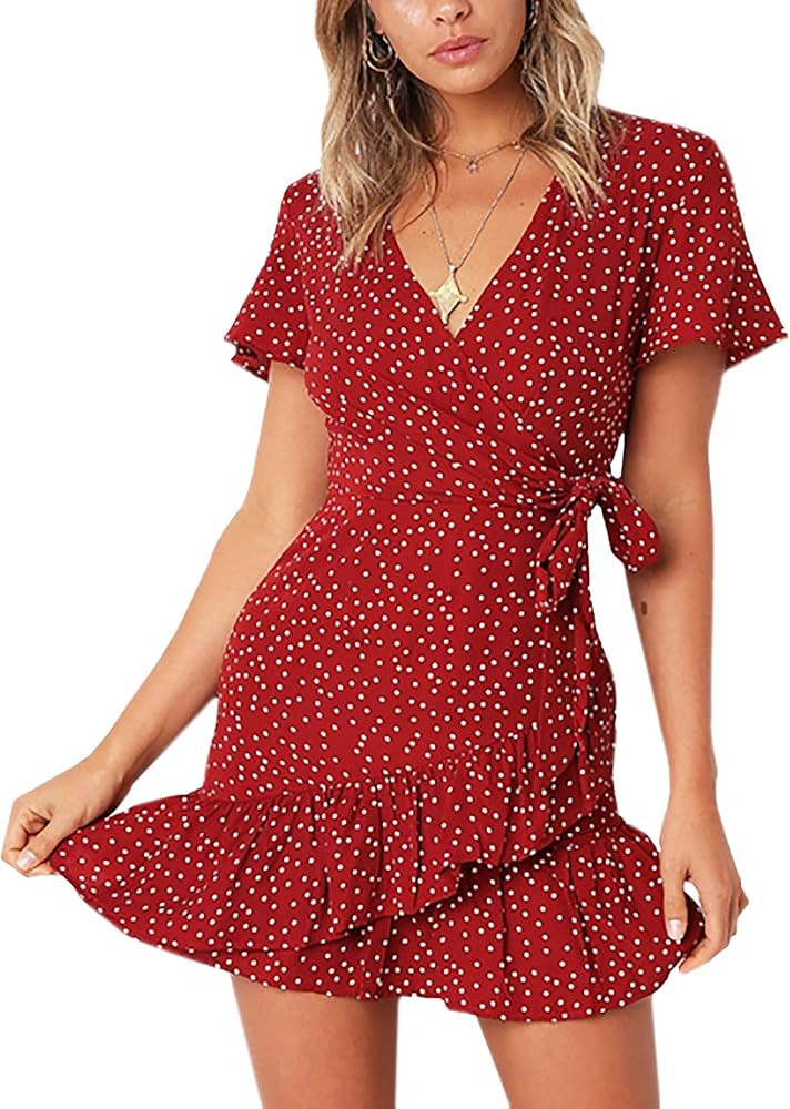 AIMCOO Women's Short Sleeve Wrap Dress Floral Print V Neck Waisted Ruffle Hem Mini Dresses | Amazon (US)
