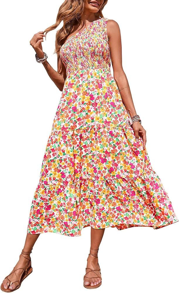 BTFBM Women One Shoulder Sleeveless Casual Summer Dresses 2023 Smocked High Waist Floral Flowy Be... | Amazon (US)
