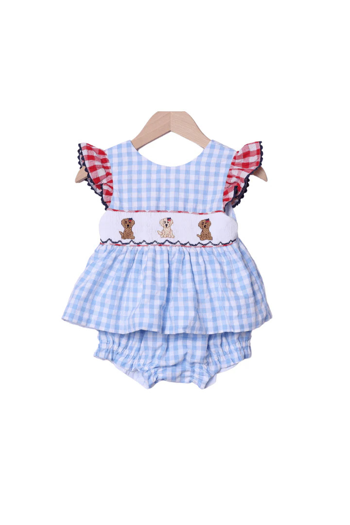 Smocked Blue Gingham Patriotic Pup Bloomer Set | The Smocked Flamingo
