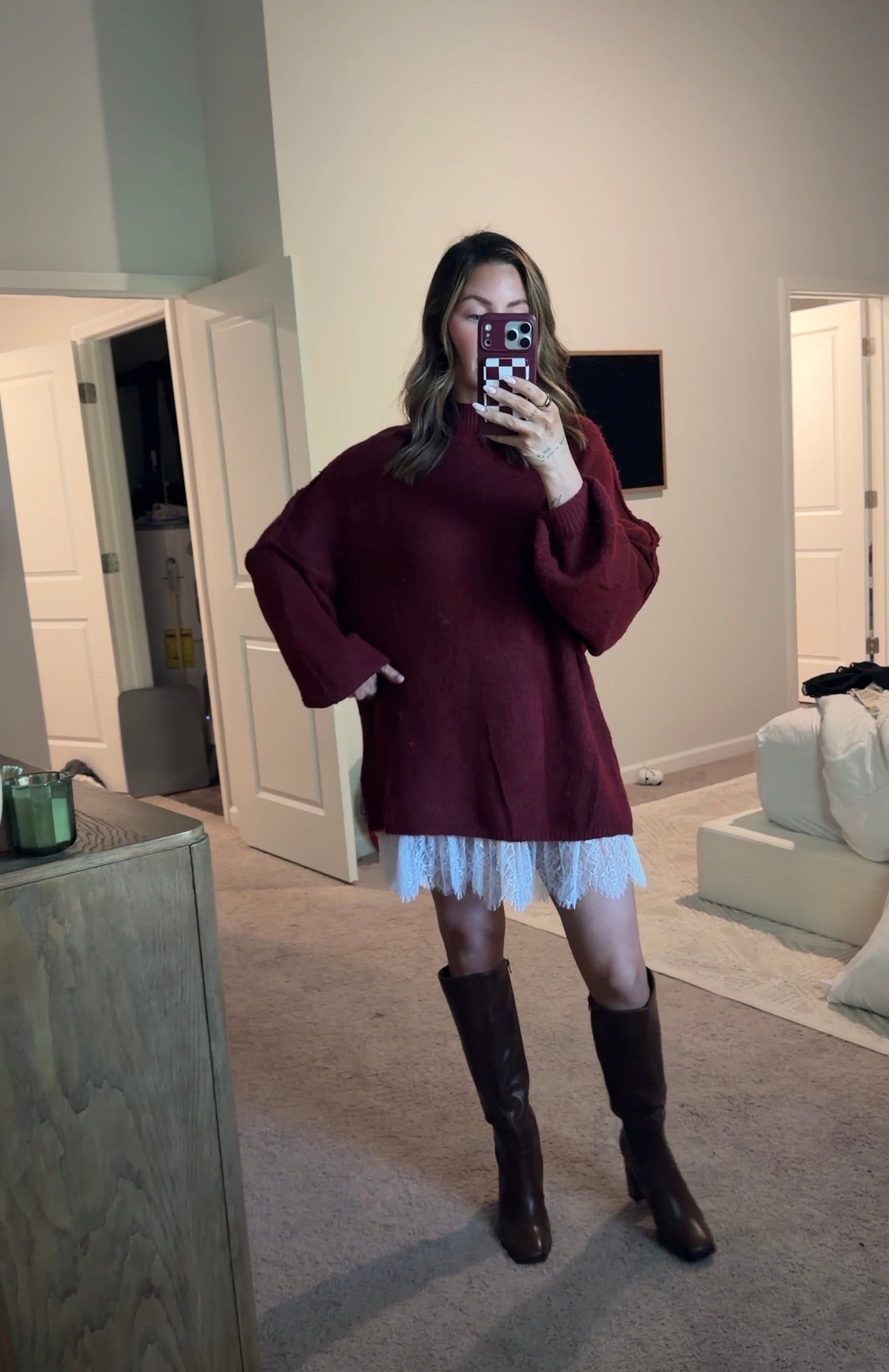 Sweater, skirt, and knee high boots 