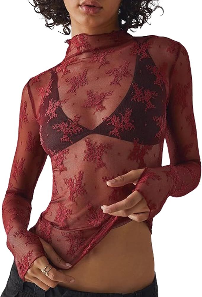 ROJZR Womens Mesh Long Sleeve Tops Mock Neck Sheer Lace Floral See Through Shirts Blouse | Amazon (US)