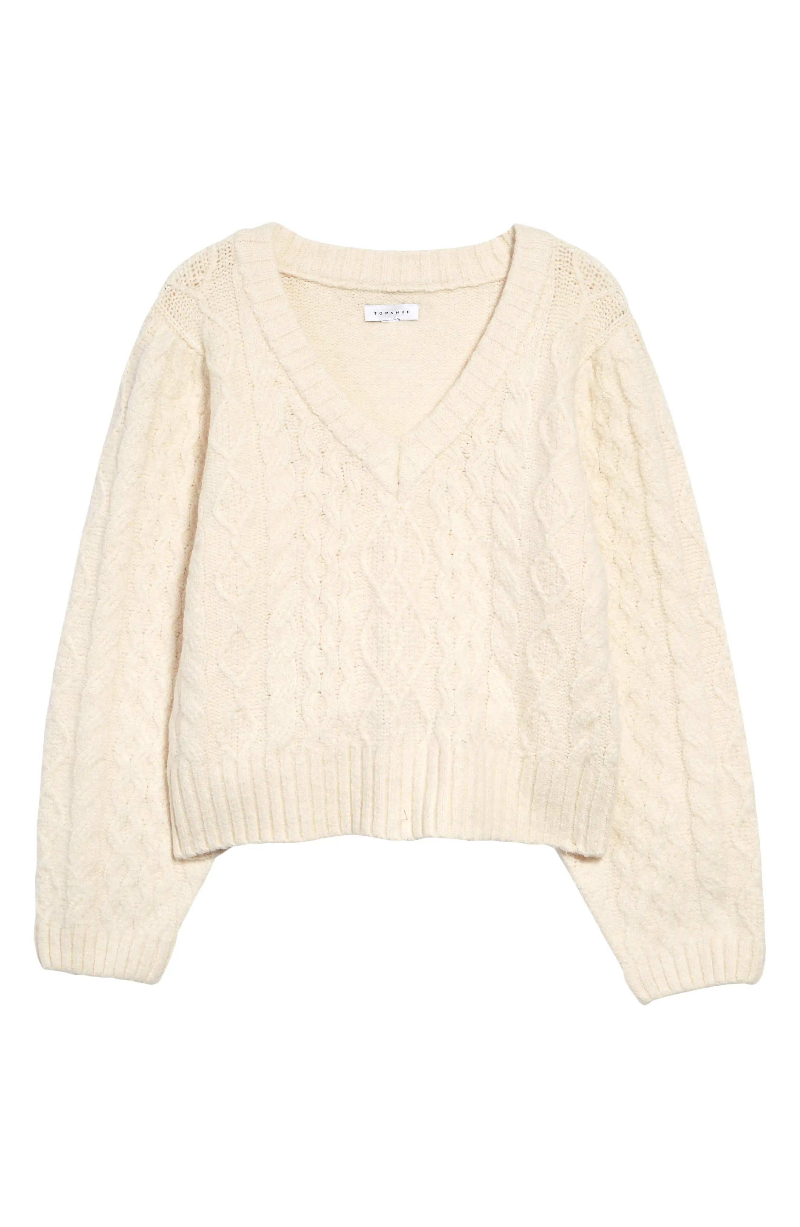 Topshop V-Neck Cable Sweater in White at Nordstrom, Size X-Large | Nordstrom