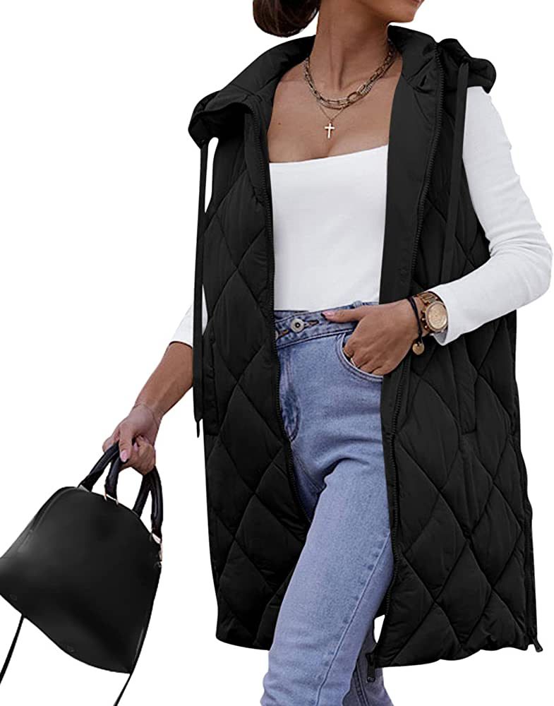 Yousify Womens Long Vest Puffer Jacket Long Quilted Vest Sleeveless Hooded Winter Outerwear with ... | Amazon (US)