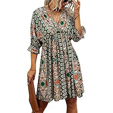 Romwe Women's Boho Tribal Print Short Sleeve V Neck Tie Back Summer Shift Dress | Amazon (US)