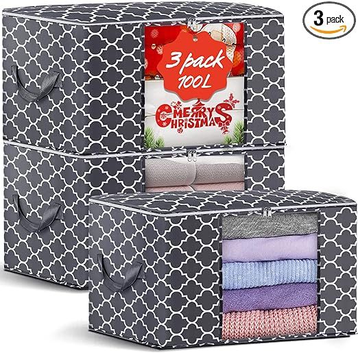 QYQBOON Large Clothes Storage Bags 100L Storage Bins Organizer Clothing Thicken Storage Container... | Amazon (US)