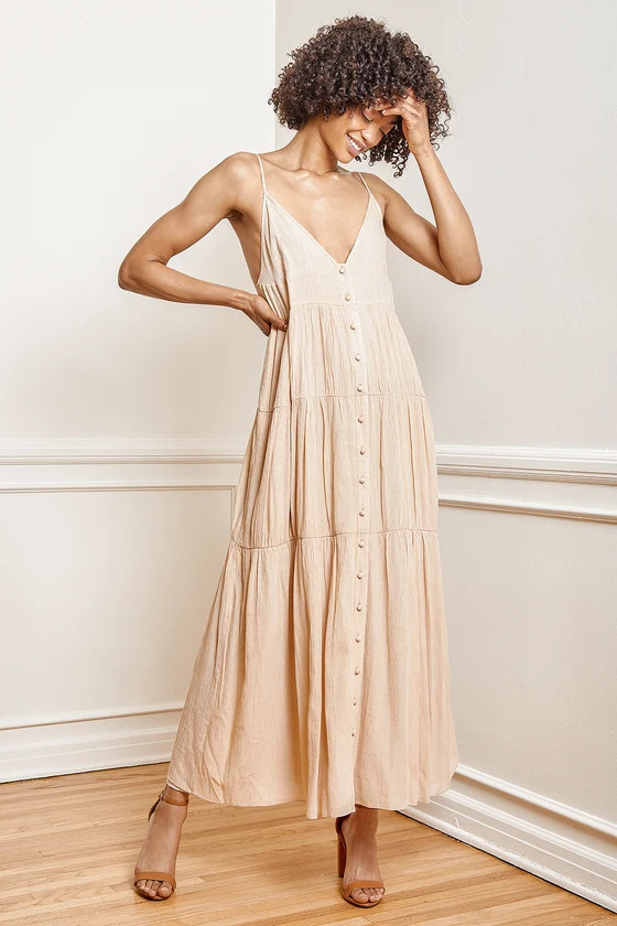 All Sunny Days Tan Tiered Button-Front Maxi Dress | Lulus