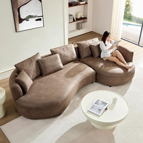 JUSTONE 124.8" Boucle Curved Sofa Cloud Couch for Living Room, Upholstered 5-Seat Sofa Couch with Pillows for Home Apartment Office- (Right-Facing,Brown) | Amazon (US)