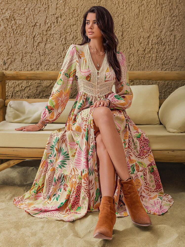 Rusttydustty Women Plus Size Bohemian Floral Lace Long Sleeve Leisure Dress Music Festival Beach Vacation | SHEIN