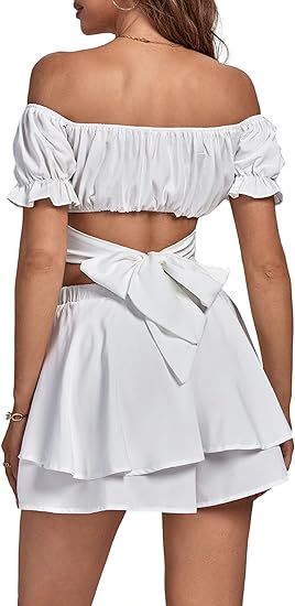 Umenlele Women's 2 Piece Outfits Off Shoulder Tie Waist Crop Top Tiered Ruffle Shorts Set | Amazon (US)