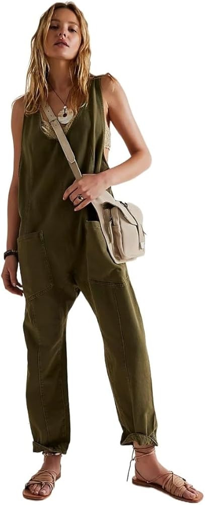 Autumn and winter washed denim V-neck jumpsuit with adjustable straps | Amazon (US)