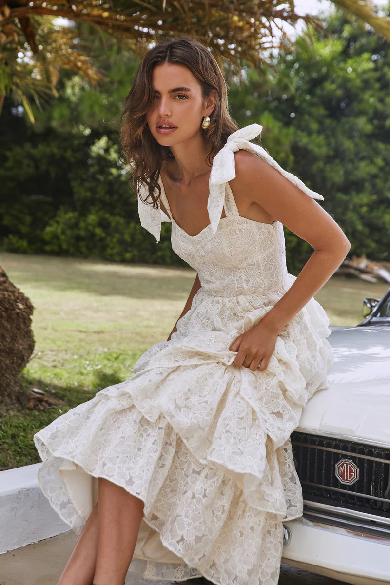Mediterranean Muse Tiered Midi Dress Ivory | Fortunate One