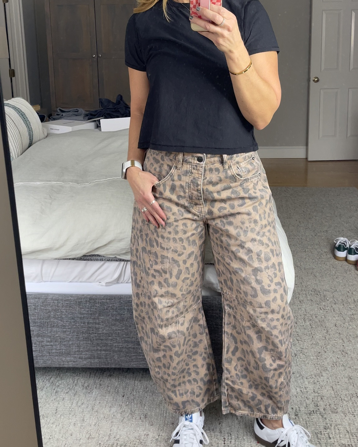 Loving these Free People Leopard Barrel Jeans!  Pair it with a simple tee so the jeans can steal the show!  Wearing simple Adidas Gazelle’s all run true to size with the exception of the jeans I sized down to a 28!   

#LTKFindsUnder100 #LTKU #LTKStyleTip