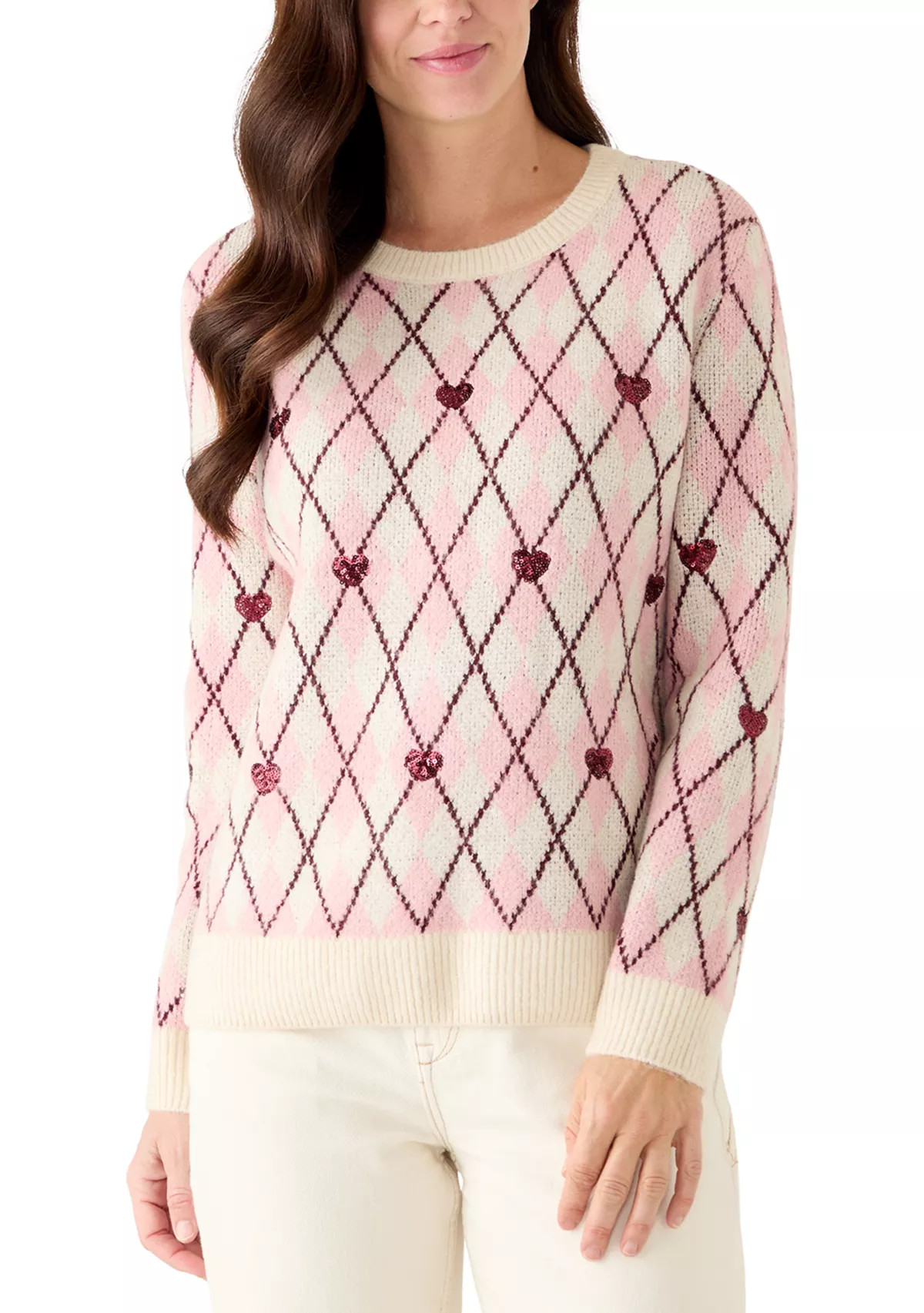 CeCeWomen's Argyle Heart Crew Neck Sweater | Belk