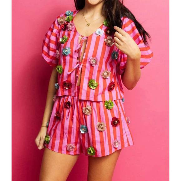 NEW QUEEN OF SPARKLES stripe sequin flower cotton shorts in hot pink | Poshmark