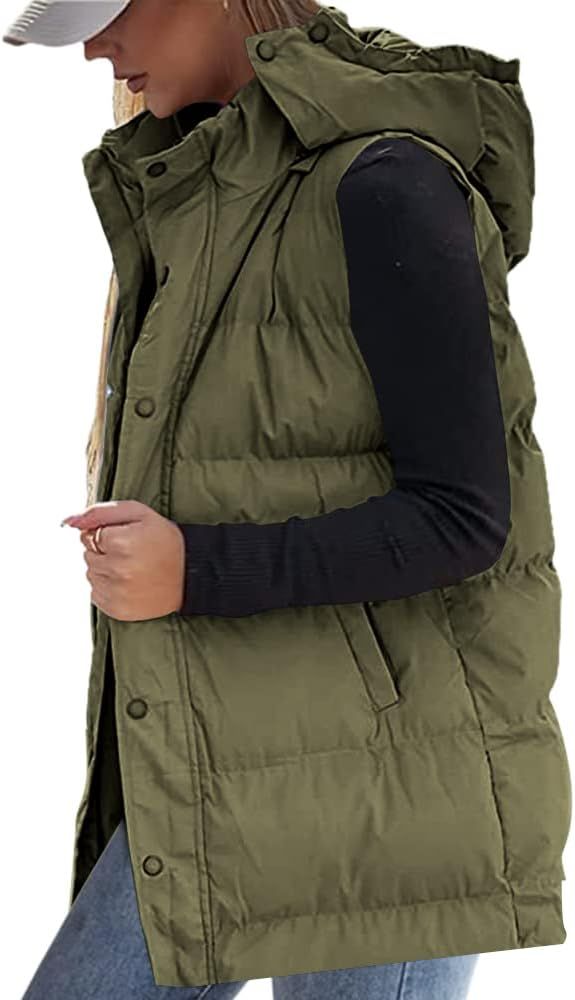Grlasen Women's long Quilted Vest hooded sleeveless Button Down puff vest cotton padded jacket wi... | Amazon (US)