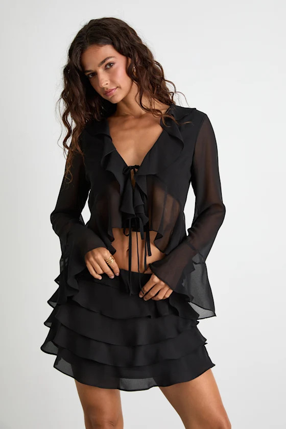 Kaisley Black Tiered Ruffled High-Rise Mini Skirt | Lulus