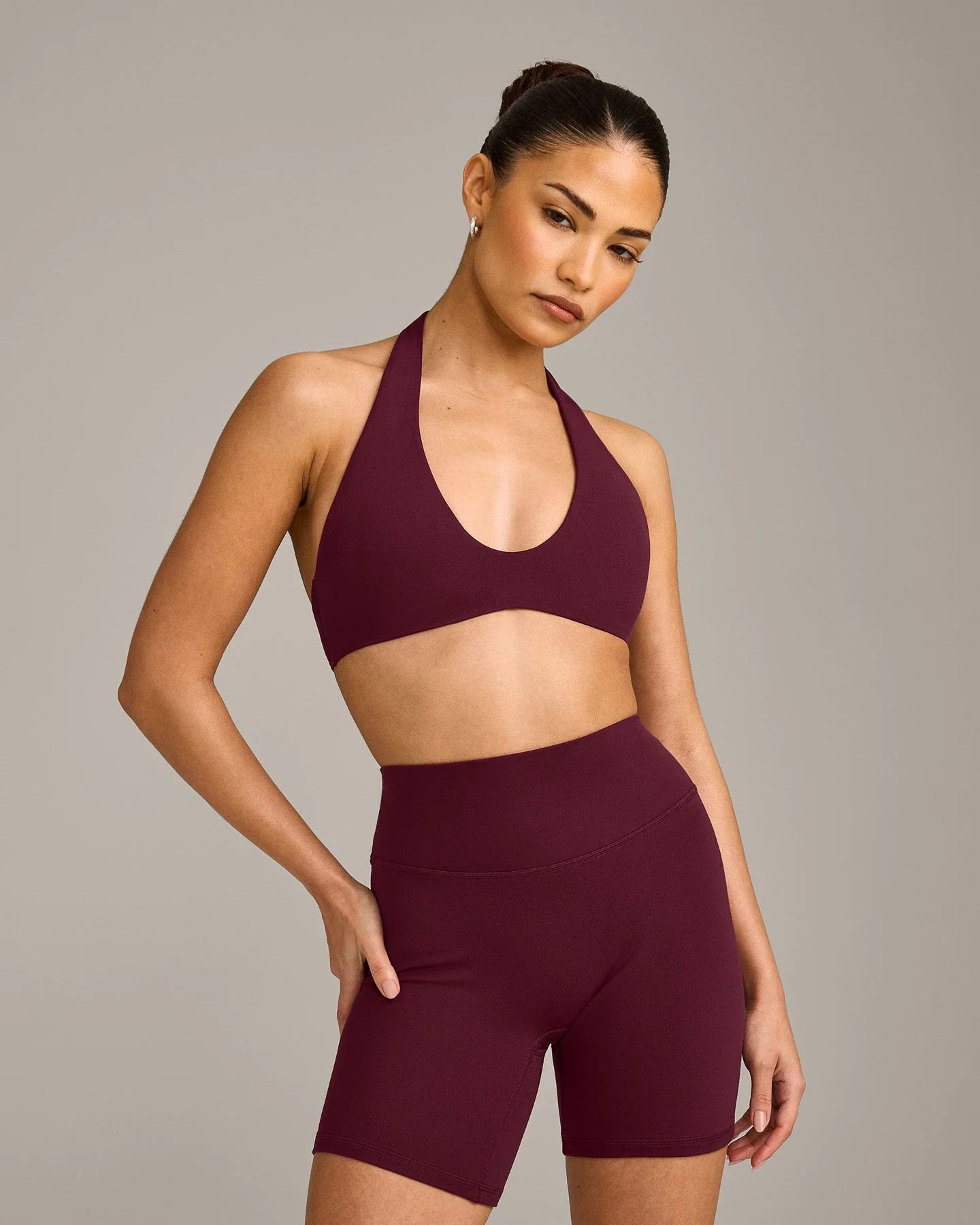 SoftMotion™ Minimal Halter Neck Bralette with Grey Logo 
 Cherry Lacquer Purple | Oner Active (UK / US)