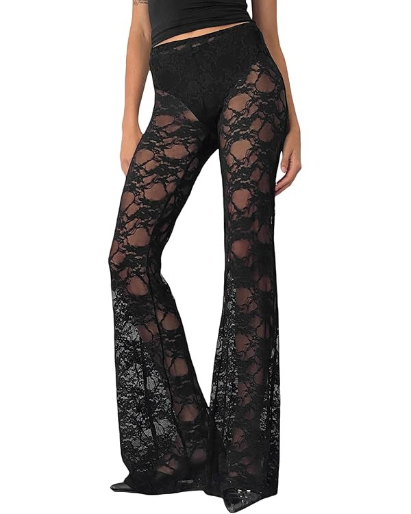 Sunloudy Women Lace Bell Pant Sexy See Through Flare Bottom Leggings Hollow Out Mesh Cover Up Tro... | Amazon (US)