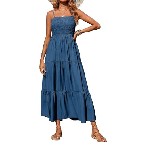 Maxi Dresses for Women Spaghetti Strap Sleeveless Smocked Flowy A-Line Dresses High Waist Tiered Long Beach Sundresses Navy | Amazon (US)
