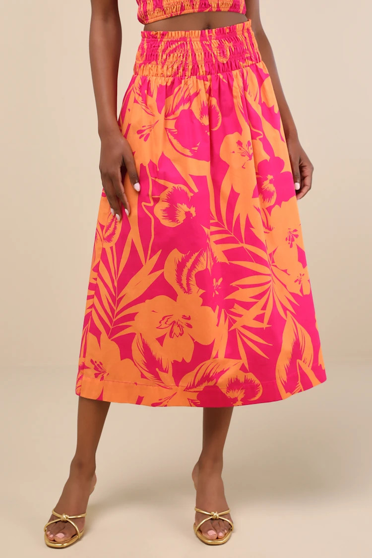 Luana Pink and Orange Floral High-Rise Midi Skirt | Lulus