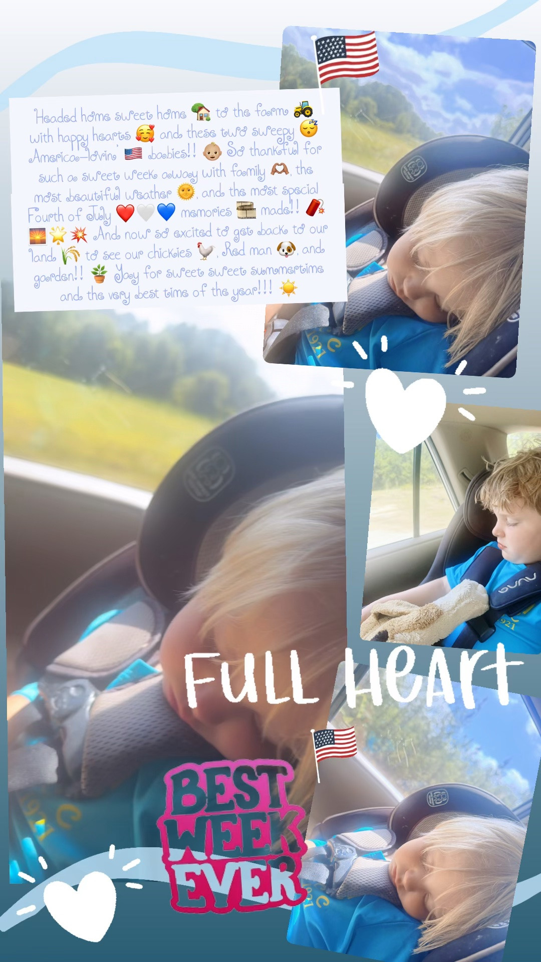 Headed home sweet home 🏡 to the farm 🚜 with happy hearts 🥰 and these two sweepy 😴 America-lovin’ 🇺🇸 babies!! 👶🏼 So thankful for such a sweet week away with family 🫶🏽, the most beautiful weather 🌞, and the most special Fourth of July ❤️🤍💙 memories 🎞️ made!! 🧨🌅🌟💥 And now so excited to get back to our land 🌾 to see our chickies 🐓, Red man 🐶, and garden!! 🪴 Yay for sweet sweet summertime and the very best time of the year!!! ☀️
